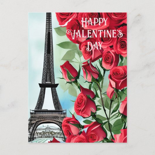 Eiffelturm Romantische Rote Rosen Valentinstag Postkarte (Vorderseite)
