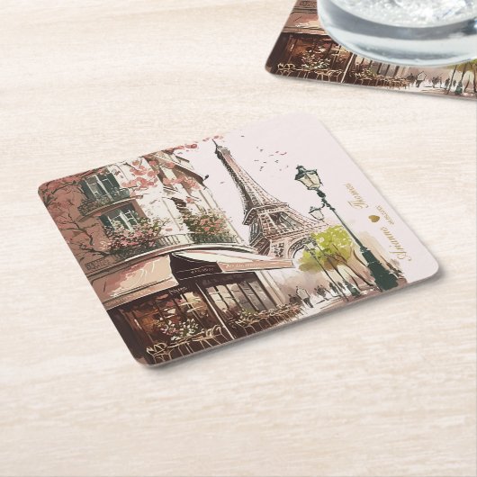 Eiffelturm Rosa Kirschblüten Pariser Café Rechteckiger Pappuntersetzer (angewinkelt)