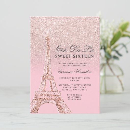 Eiffelturm Rosa Rosa Goldgold Glitzer Sweet 16 Einladung (Stehend Vorderseite)