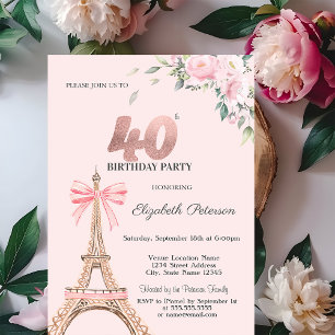 Eiffelturm Rosa Schleife Blumen 40. Geburtstag Einladung