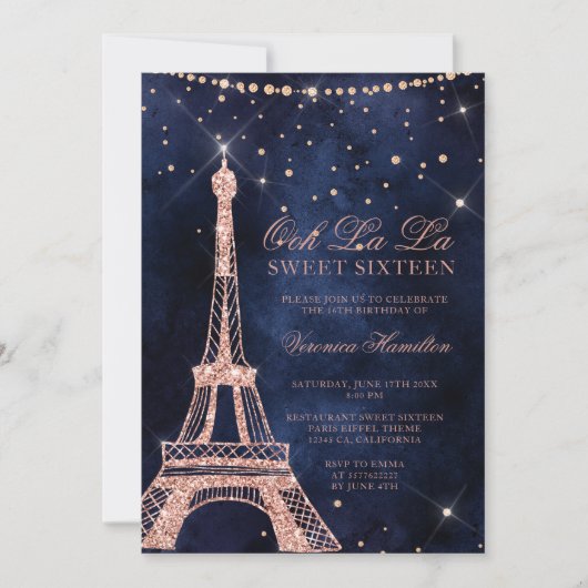 Eiffelturm Rose Gold Glitzer Funkeln Sweet 16 Einladung (Vorderseite)