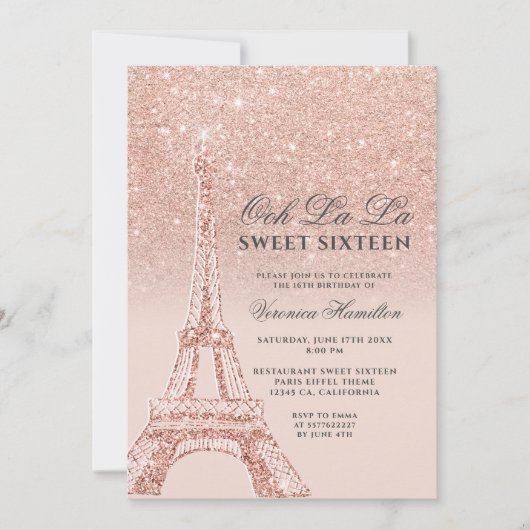 Eiffelturm Rose Gold Glitzer Rosa Sweet 16 Einladung (Vorderseite)