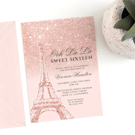 Eiffelturm Rose Gold Glitzer Rosa Sweet 16 Einladung