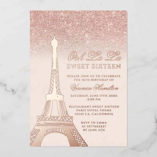 Eiffelturm Rose Gold Glitzer Rosa Sweet 16 Folieneinladung (Vorderseite)