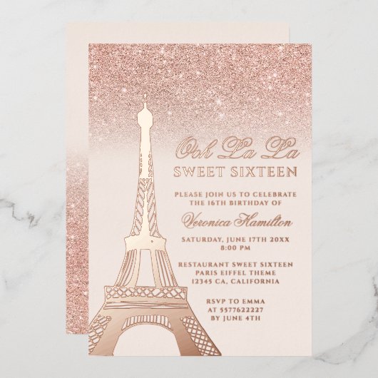 Eiffelturm Rose Gold Glitzer Rosa Sweet 16 Folieneinladung (Vorderseite/Rückseite)