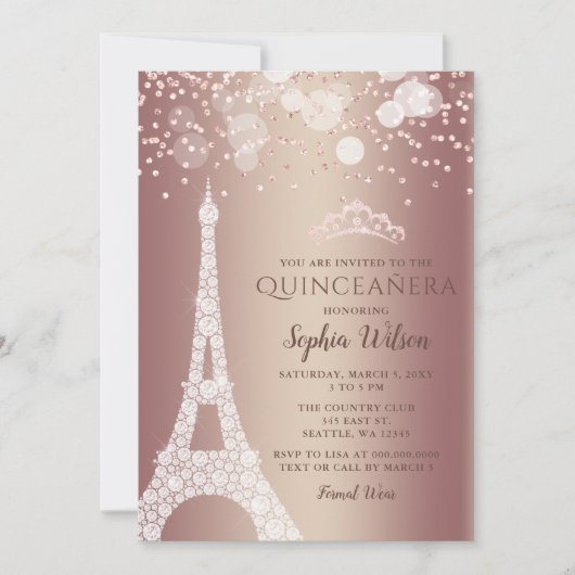 Eiffelturm Rose Gold Sparkle Glitzer Quinceañera Einladung (Vorderseite)
