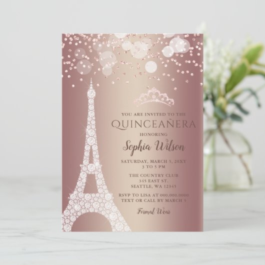 Eiffelturm Rose Gold Sparkle Glitzer Quinceañera Einladung (Stehend Vorderseite)