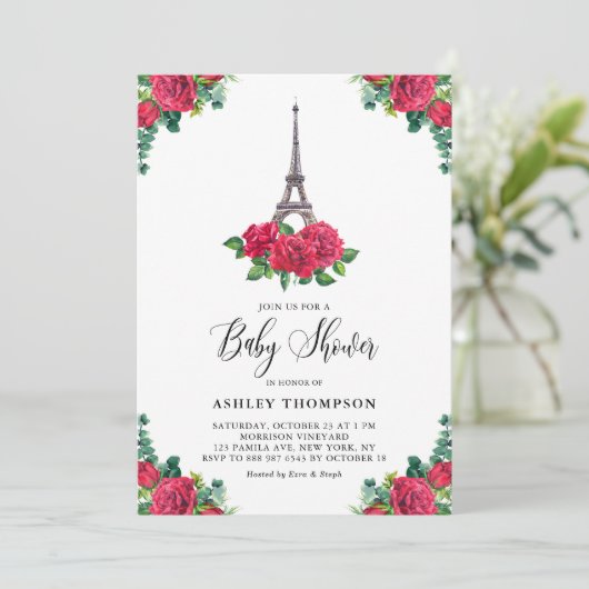 Eiffelturm Rote Rose Paris Babydusche Einladung (Stehend Vorderseite)