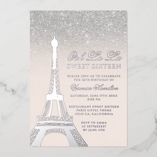 Eiffelturm schick silber Glitzer pink Sweet 16 Folieneinladung (Vorderseite)