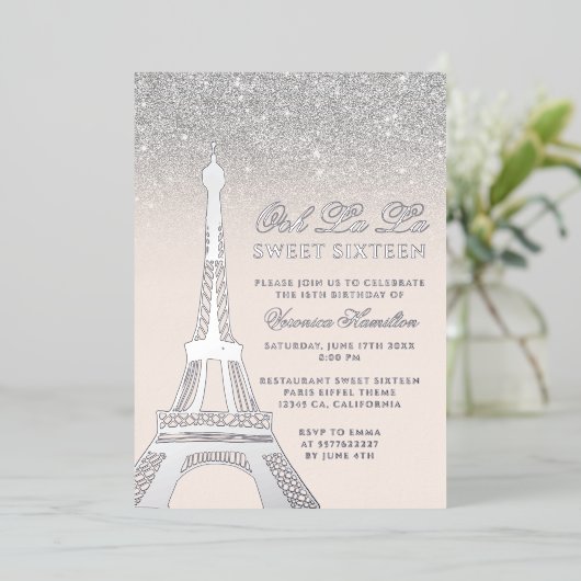 Eiffelturm schick silber Glitzer pink Sweet 16 Folieneinladung (Stehend vorne)