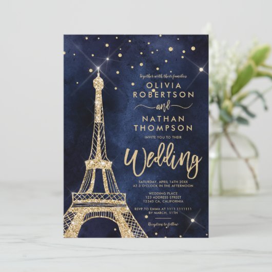 Eiffelturm schicke Goldmedaille Glitzer Hochzeit Einladung (Stehend Vorderseite)
