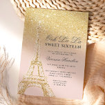 Eiffelturm schicker Glitzer pink Sweet 16 Einladung<br><div class="desc">Ein modernes,  schicker und glamouröses 16 . Geburtstag mit einem handgezeichneten gelben Glitzer französischer Paris-Thema Eiffelturm mit schicken goldenen Glitzer ombre Farbverlauf Glitzern auf einem bearbeitbaren pastellblütigen rosa Hintergrund.</div>