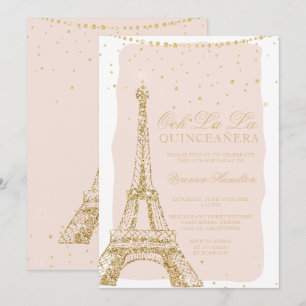 Eiffelturm schicker Gold Glitzer Blush Quinceanera Einladung