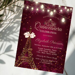 Eiffelturm, Schleife, Tiara Lichter Rot Quinceañer Einladung