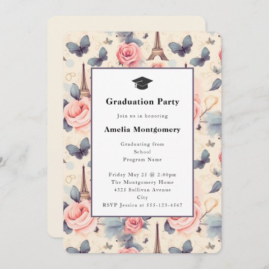 Eiffelturm Schmetterling und Rose Abschluss Einladung (Vorne/Hinten)