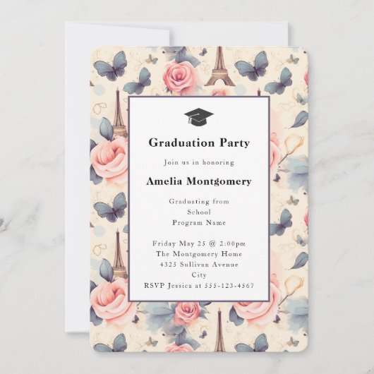 Eiffelturm Schmetterling und Rose Abschluss Einladung (Vorderseite)