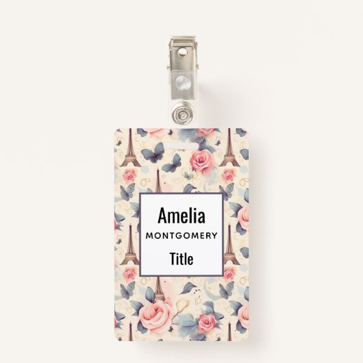 Eiffelturm Schmetterling und Rose Muster Ausweis (Rückseite mit Klammer)
