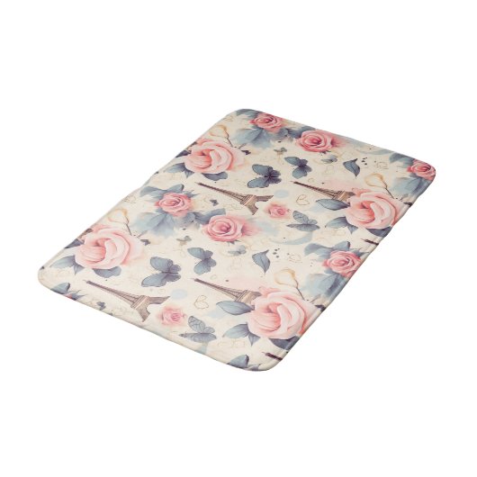 Eiffelturm Schmetterling und Rose Muster Badematte (Schrägansicht)