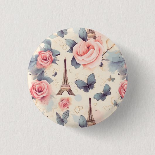 Eiffelturm Schmetterling und Rose Muster Button (Vorderseite)