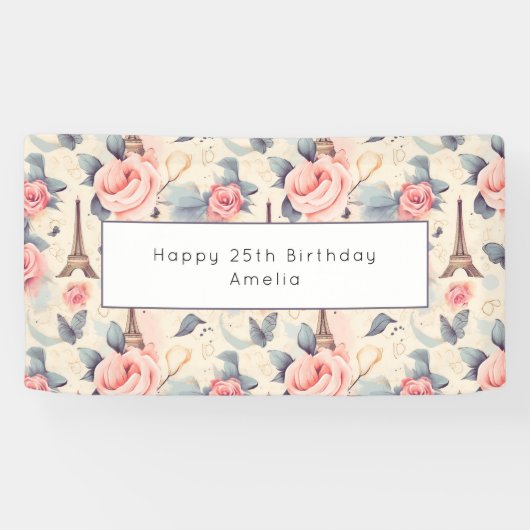 Eiffelturm Schmetterling und Rose Muster Geburtsta Banner (Horizontal)