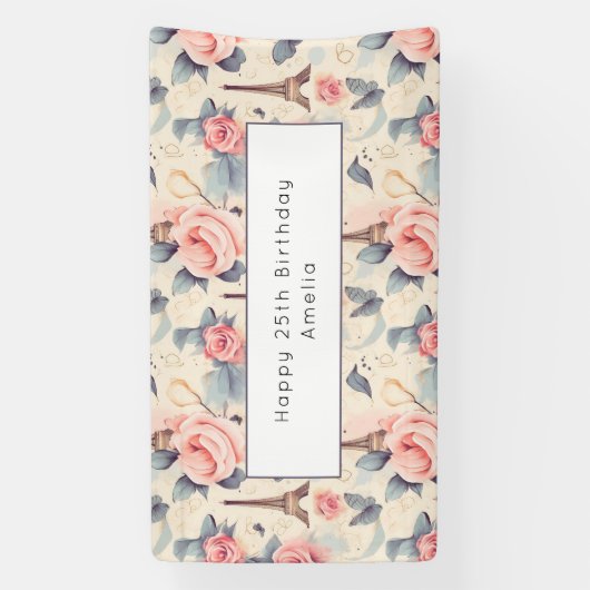 Eiffelturm Schmetterling und Rose Muster Geburtsta Banner (Vertikal)