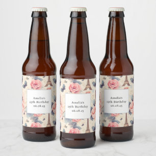 Eiffelturm Schmetterling und Rose Muster Geburtsta Bierflaschenetikett