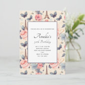 Eiffelturm Schmetterling und Rose Muster Geburtsta Einladung (Stehend Vorderseite)