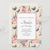 Eiffelturm Schmetterling und Rose Muster Geburtsta Einladung (Vorne/Hinten)