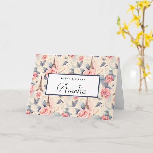 Eiffelturm Schmetterling und Rose Muster Geburtsta Karte (Gelbe Blume)