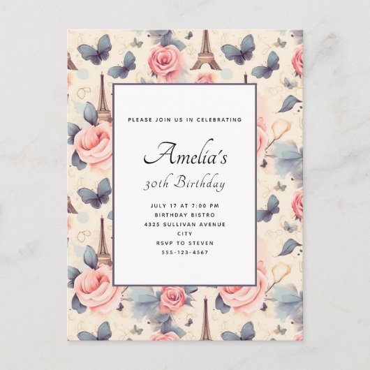 Eiffelturm Schmetterling und Rose Muster Geburtsta Postkarte (Vorderseite)
