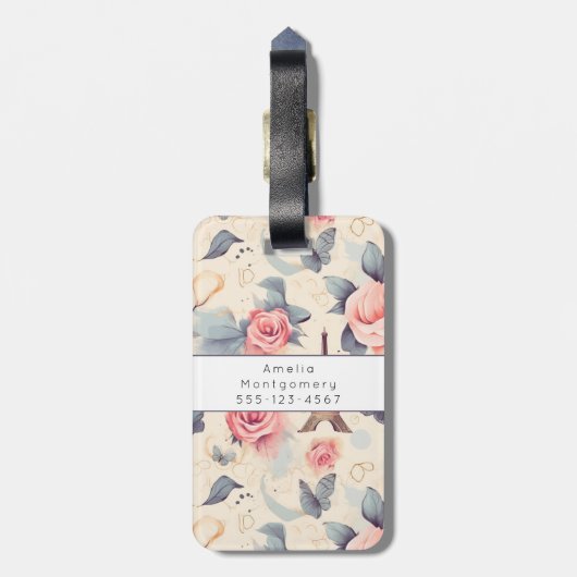 Eiffelturm Schmetterling und Rose Muster Gepäckanhänger (Rückseite vertikal)