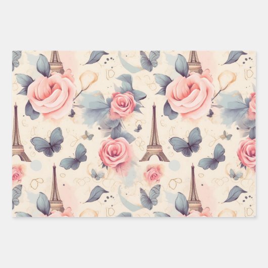 Eiffelturm Schmetterling und Rose Muster Geschenkpapier Set (Vorderseite 3)