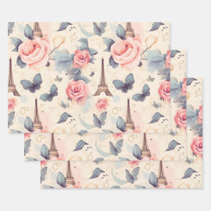 Eiffelturm Schmetterling und Rose Muster Geschenkpapier Set
