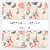 Eiffelturm-Schmetterling und Rose-Muster - Hochzei Quadratischer Aufkleber (Vorderseite)