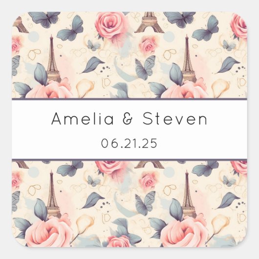 Eiffelturm-Schmetterling und Rose-Muster - Hochzei Quadratischer Aufkleber (Vorderseite)