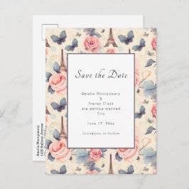 Eiffelturm-Schmetterling und Rose-Muster Hochzeit Ankündigungspostkarte