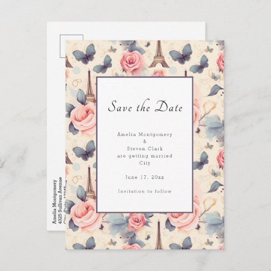Eiffelturm-Schmetterling und Rose-Muster Hochzeit Ankündigungspostkarte (Vorne/Hinten)