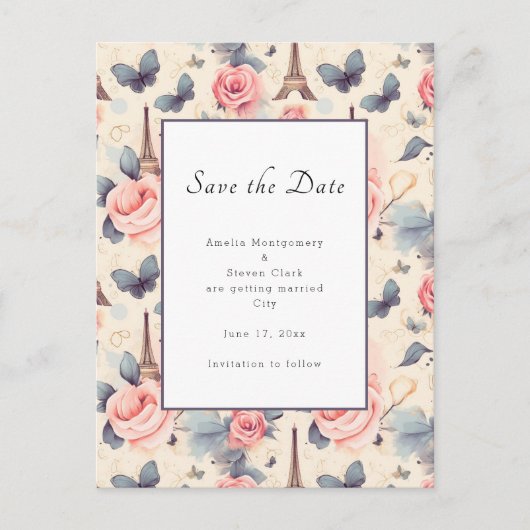 Eiffelturm-Schmetterling und Rose-Muster Hochzeit Ankündigungspostkarte (Vorderseite)
