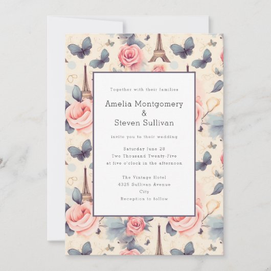 Eiffelturm-Schmetterling und Rose-Muster Hochzeit Einladung (Vorderseite)
