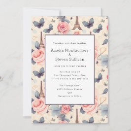 Eiffelturm-Schmetterling und Rose-Muster Hochzeit Einladung