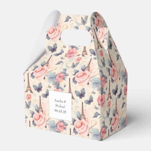 Eiffelturm-Schmetterling und Rose-Muster Hochzeit Geschenkschachtel (Vorderseite)