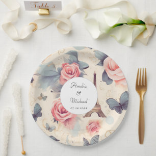 Eiffelturm-Schmetterling und Rose-Muster Hochzeit Pappteller