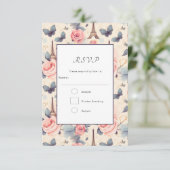 Eiffelturm-Schmetterling und Rose-Muster Hochzeit RSVP Karte (Stehend Vorderseite)