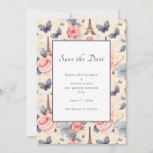 Eiffelturm-Schmetterling und Rose-Muster Hochzeit Save The Date (Vorderseite)