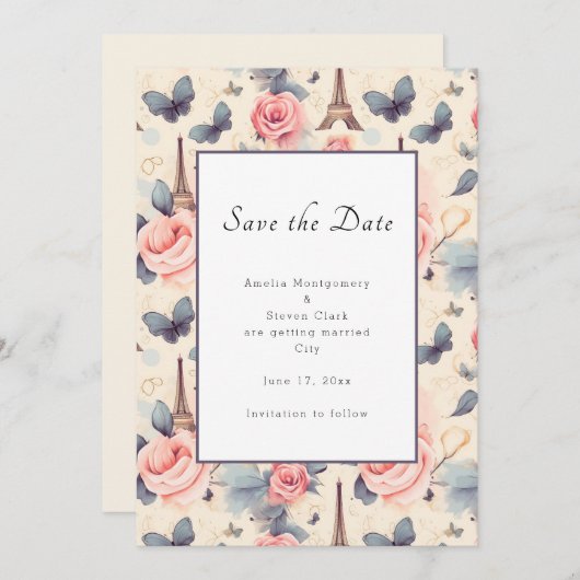 Eiffelturm-Schmetterling und Rose-Muster Hochzeit Save The Date (Vorne/Hinten)
