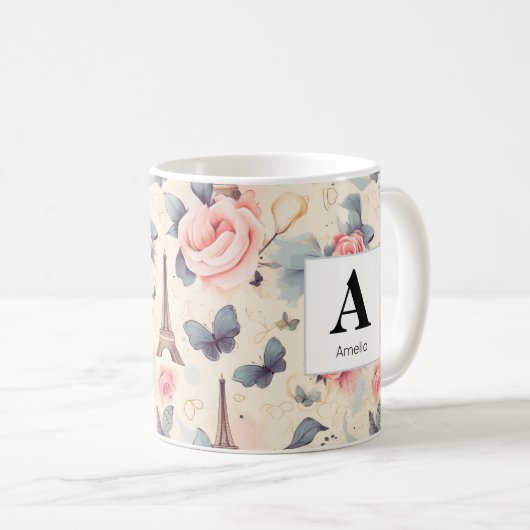 Eiffelturm Schmetterling und Rose Muster Kaffeetasse (VorderseiteRechts)