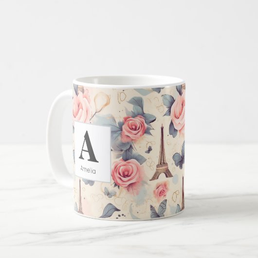 Eiffelturm Schmetterling und Rose Muster Kaffeetasse (Vorderseite Links)