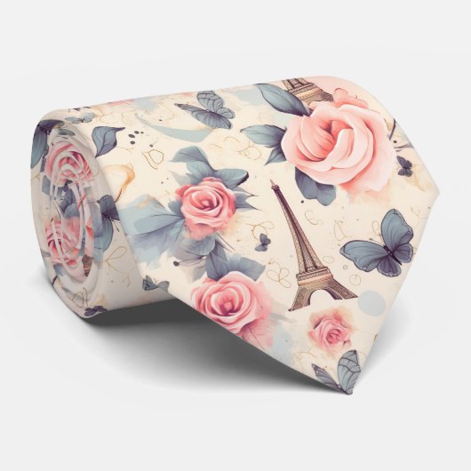 Eiffelturm Schmetterling und Rose Muster Krawatte (Gerollt)