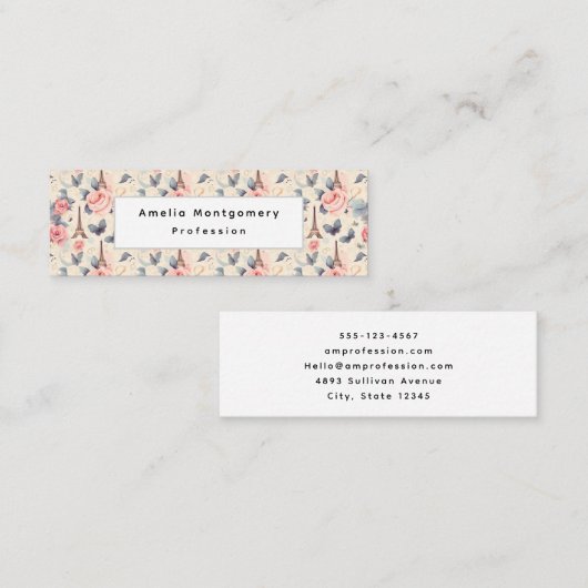 Eiffelturm Schmetterling und Rose Muster Mini Visitenkarte (Vorne/Hinten)