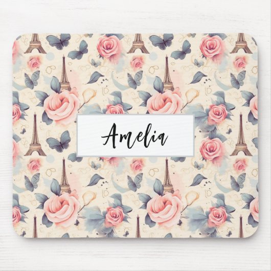 Eiffelturm Schmetterling und Rose Muster Mousepad (Vorne)